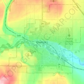 Mapa topográfico Okotoks, altitud, relieve