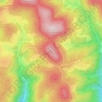 Mapa topográfico Weberhöhe, altitud, relieve