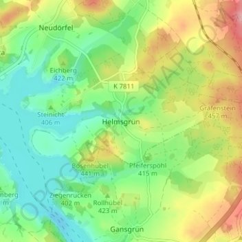 Mapa topográfico Helmsgrün, altitud, relieve
