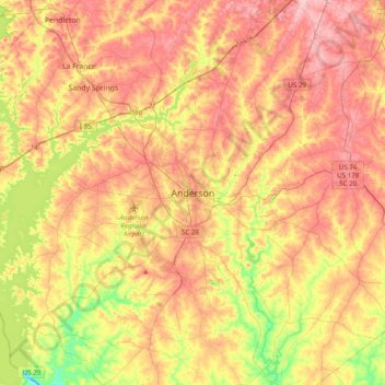 Mapa topográfico Anderson, altitud, relieve