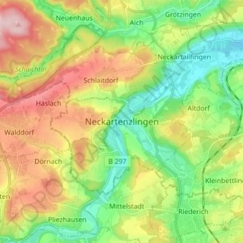 Mapa topográfico Neckartenzlingen, altitud, relieve