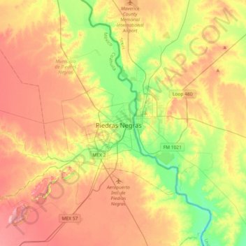 Mapa topográfico Piedras Negras, altitud, relieve