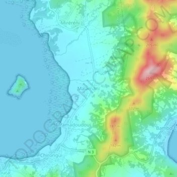 Mapa topográfico Malamani, altitud, relieve