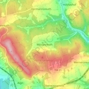 Mapa topográfico Witzlasreuth, altitud, relieve