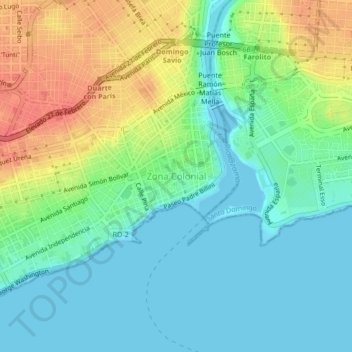 Mapa topográfico Zona Colonial, altitud, relieve