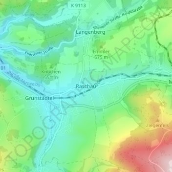 Mapa topográfico Raschau, altitud, relieve
