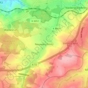Mapa topográfico Neuwürschnitz, altitud, relieve