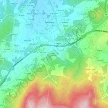 Mapa topográfico Nogueiró de Abaixo, altitud, relieve