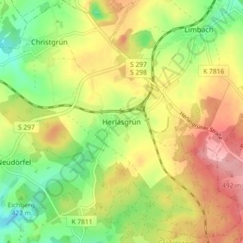 Mapa topográfico Herlasgrün, altitud, relieve