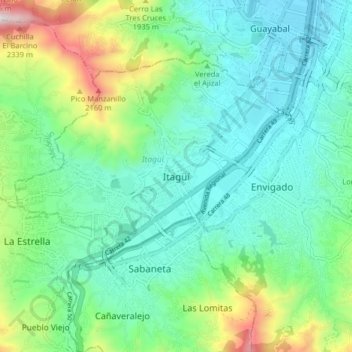 Mapa topográfico Itagüí, altitud, relieve