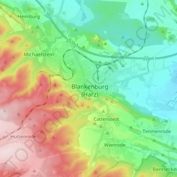 Mapa topográfico Blankenburg (Harz), altitud, relieve