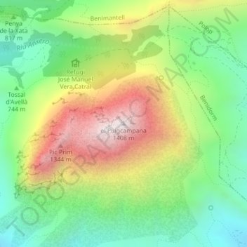 Mapa topográfico el Puigcampana, altitud, relieve