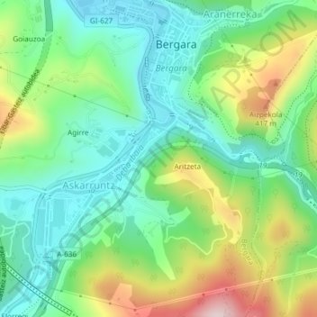 Mapa topográfico Zubiaurre, altitud, relieve