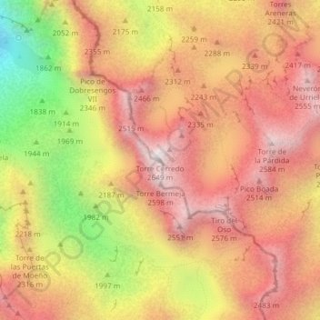 Mapa topográfico Torre Cerredo, altitud, relieve
