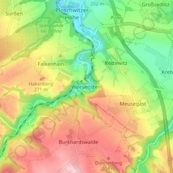 Mapa topográfico Weesenstein, altitud, relieve