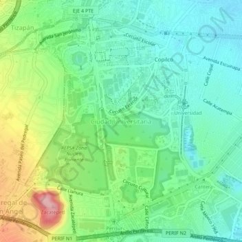 Mapa topográfico Ciudad Universitaria, altitud, relieve