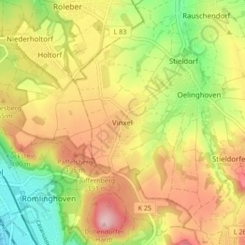 Mapa topográfico Vinxel, altitud, relieve