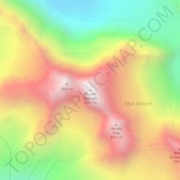 Mapa topográfico Mount Raleigh, altitud, relieve
