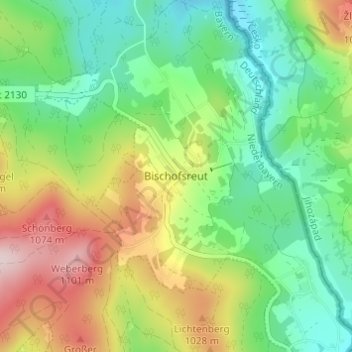 Mapa topográfico Bischofsreut, altitud, relieve