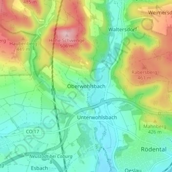 Mapa topográfico Oberwohlsbach, altitud, relieve