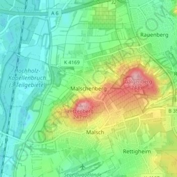 Mapa topográfico Malschenberg, altitud, relieve