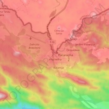Mapa topográfico Pacaraima, altitud, relieve