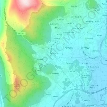 Mapa topográfico A Barrosa, altitud, relieve