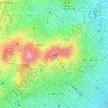 Mapa topográfico Turó de la Rovira, altitud, relieve