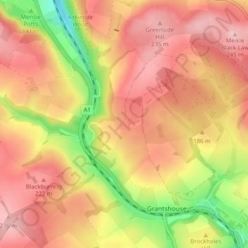 Mapa topográfico Penmanshiel, altitud, relieve