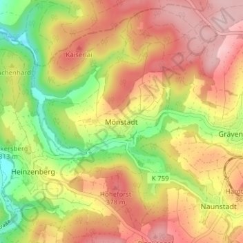 Mapa topográfico Mönstadt, altitud, relieve