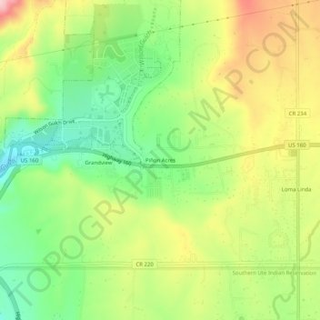 Mapa topográfico Piñon Acres, altitud, relieve