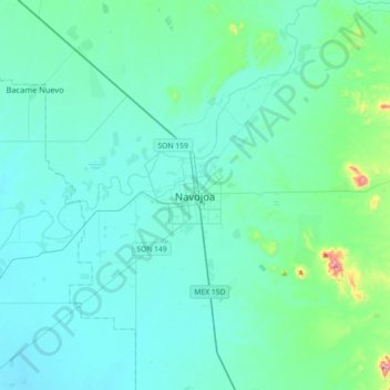 Mapa topográfico Navojoa, altitud, relieve