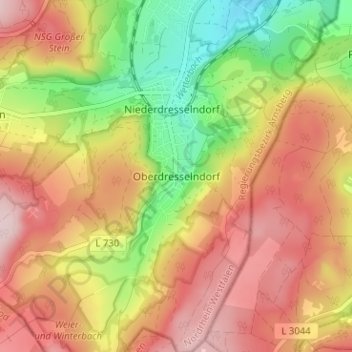 Mapa topográfico Oberdresselndorf, altitud, relieve