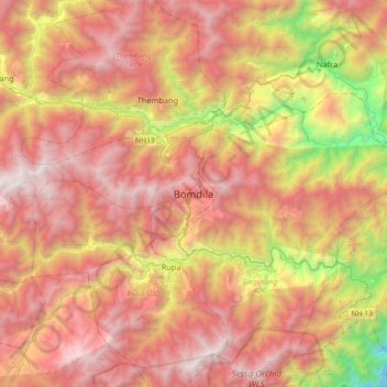 Mapa topográfico Bomdila, altitud, relieve