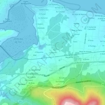 Mapa topográfico Candamil, altitud, relieve