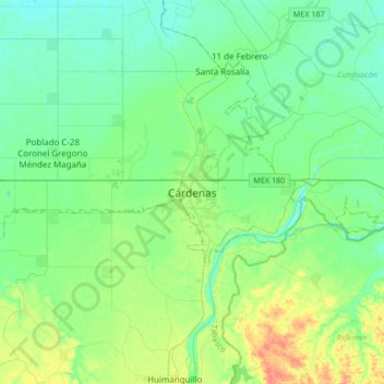 Mapa topográfico Cárdenas, altitud, relieve