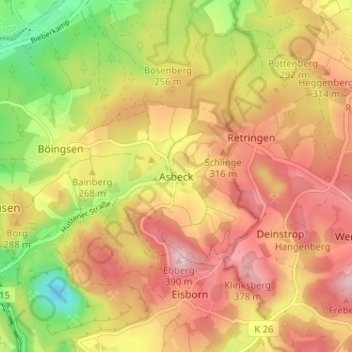 Mapa topográfico Asbeck, altitud, relieve