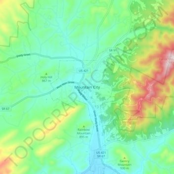 Mapa topográfico Mountain City, altitud, relieve