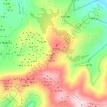 Mapa topográfico Mirador de Orellán, altitud, relieve