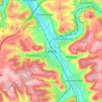 Mapa topográfico Lauda, altitud, relieve