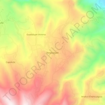 Mapa topográfico Texocuixpan, altitud, relieve