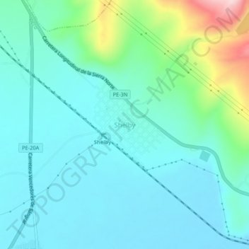 Mapa topográfico Shelby, altitud, relieve