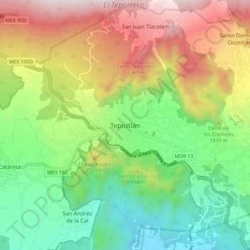 Mapa topográfico Tepoztlán, altitud, relieve
