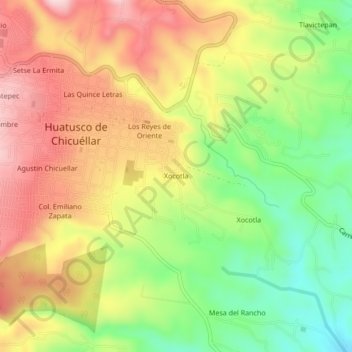 Mapa topográfico Xocotla, altitud, relieve