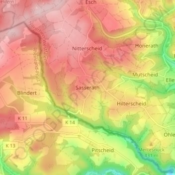 Mapa topográfico Sasserath, altitud, relieve