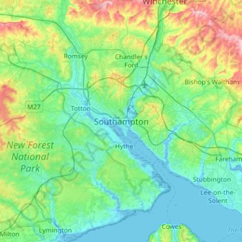 Mapa topográfico Southampton, altitud, relieve