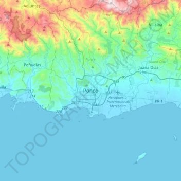 Mapa topográfico Ponce, altitud, relieve