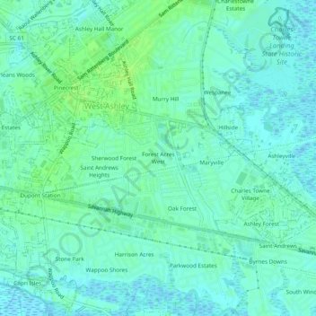 Mapa topográfico Forest Acres West, altitud, relieve
