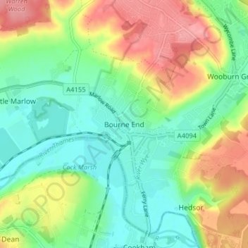 Mapa topográfico Bourne End, altitud, relieve