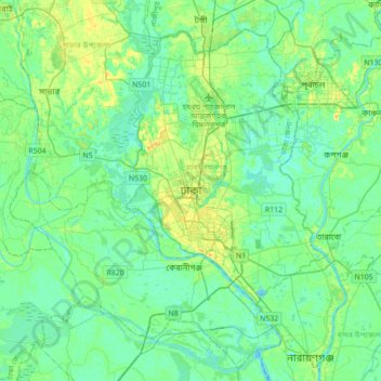 Mapa topográfico Daca, altitud, relieve